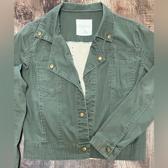 Sound & Matter Military Cropped Olive Green Cotton Crochet Jacket, Size Medium - Picture 9 of 16